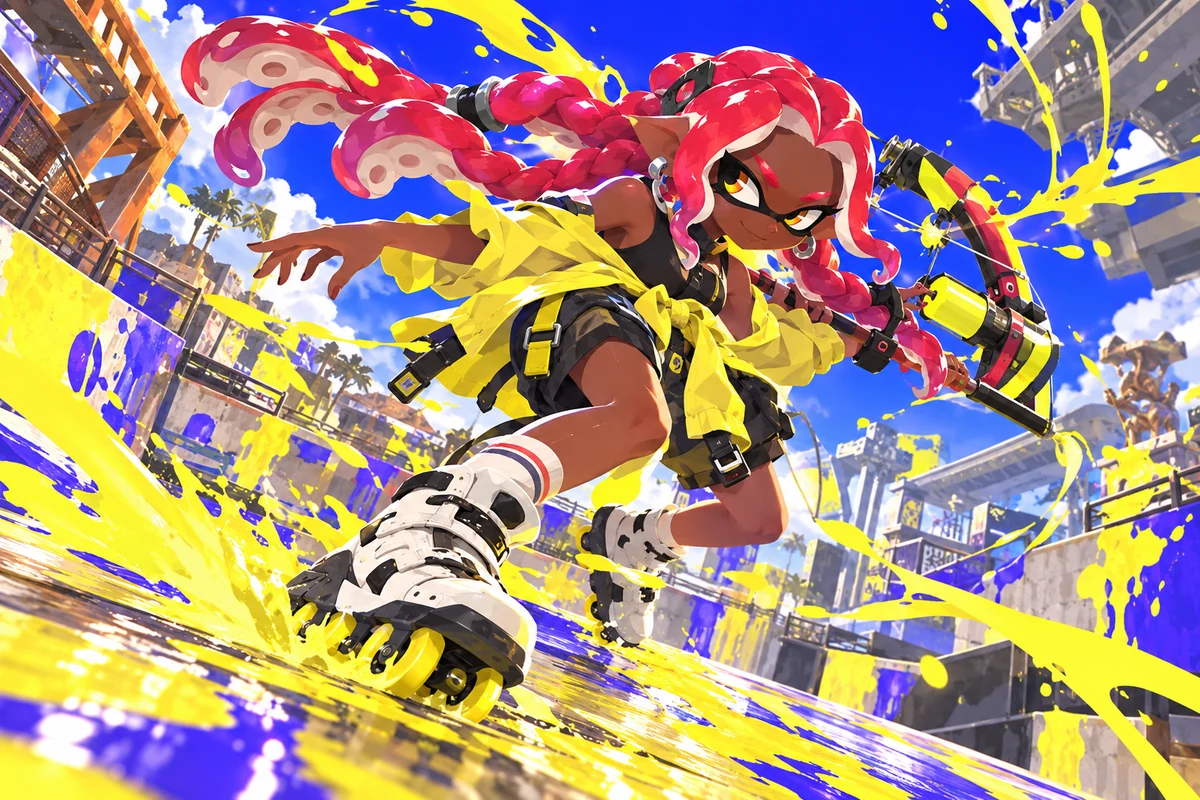 Octoling con trenzas rojas y chaqueta amarilla se agacha en una postura de patinaje entre brillantes salpicaduras de tinta.