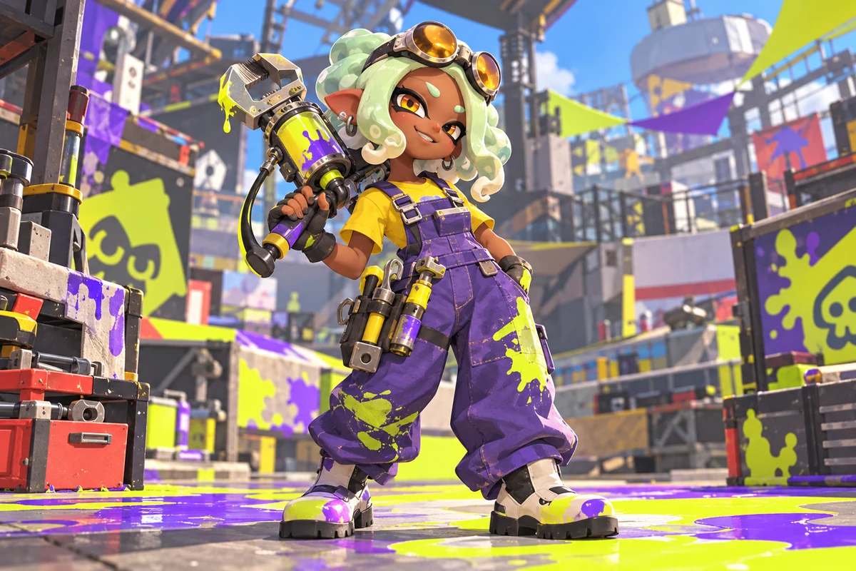 Octoling de pelo menta con mono de trabajo morado sostiene un gran lanzatintas en una arena colorida.