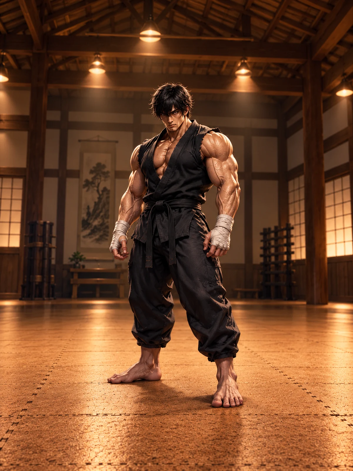 Artista marcial de hombros anchos con un gi negro sin mangas y vendas blancas en las manos de pie en un dojo de madera.
