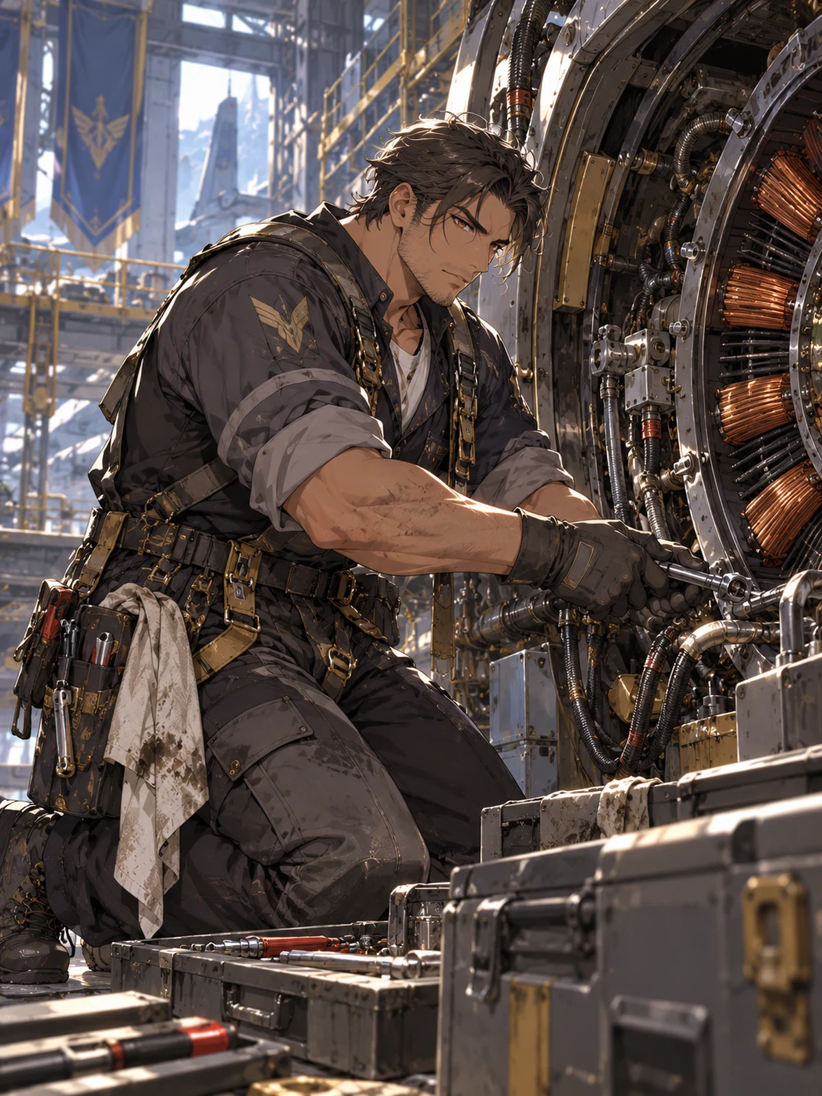 Um técnico robusto ajoelhado ao lado de uma turbina industrial aberta