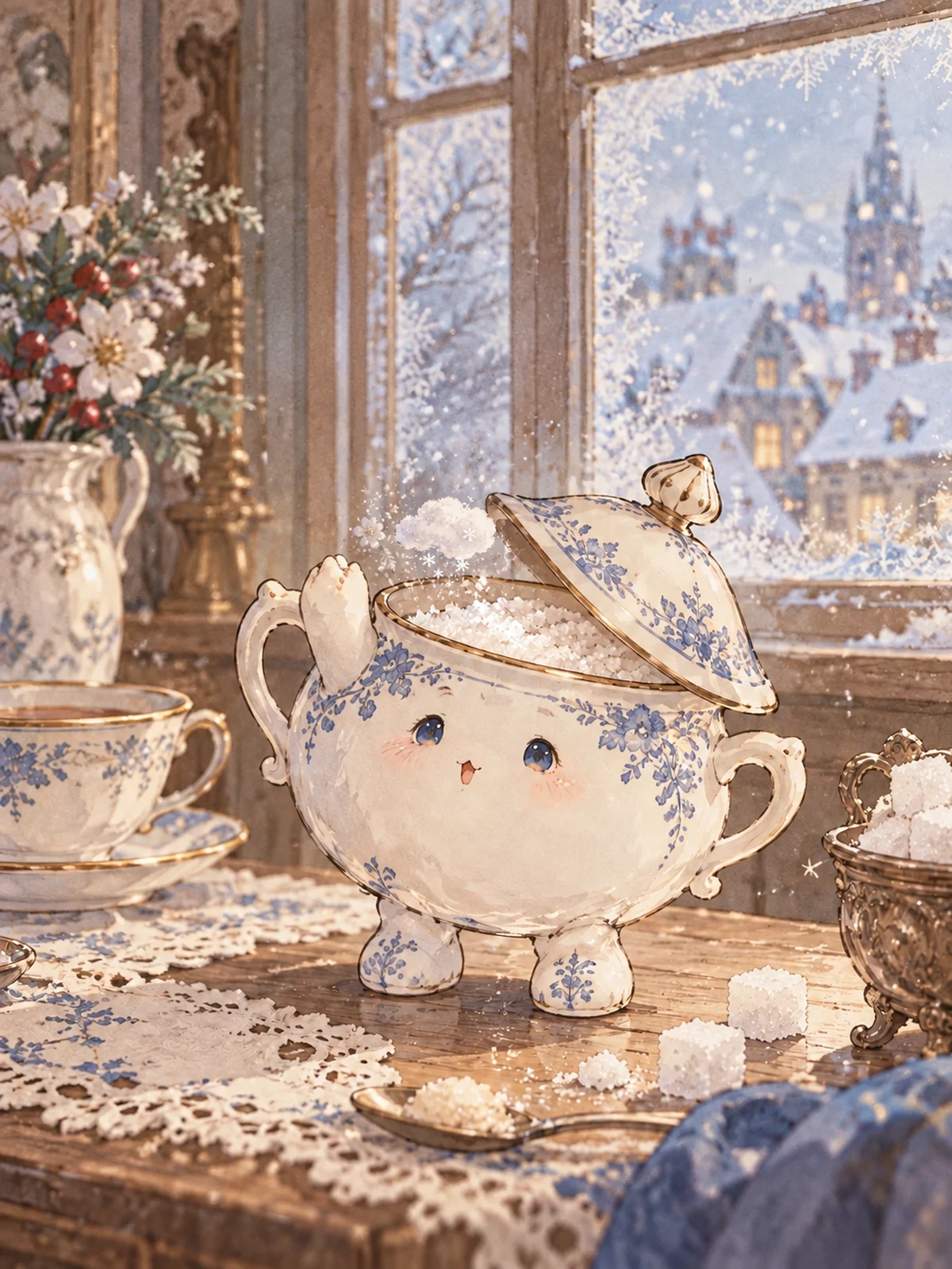 Criatura em forma de açucareiro de porcelana libera uma pequena nuvem de neve