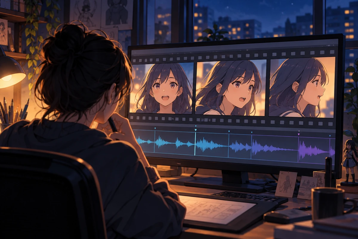 Creator reviewing an original anime dialogue scene